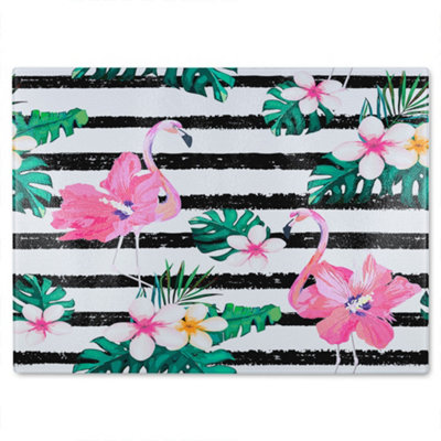 Benjamin Tate Design Floral Flamingos Glass Chopping Board