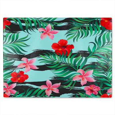 B&Q -  Red & Pink Tropical Plants Glass Chopping Boarddesigner Style
