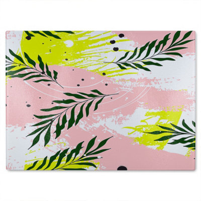 B&Q -  Green Leaves On Brush Strokes Glass Chopping Board