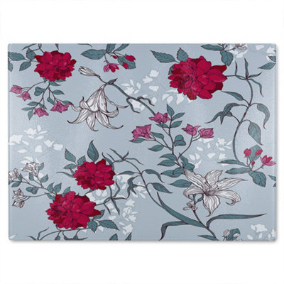 B&Q -  Red & White Winter Floral Glass Chopping Boarddesigner Style