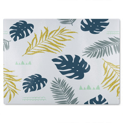 B&Q -  Gold Glitter & Navy Leaves Glass Chopping Boarddesigner Style