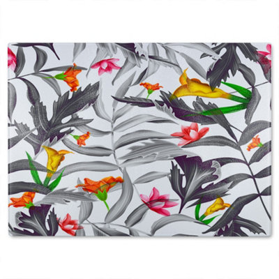 Benjamin Tate Design Monochrome Leaves Glass Chopping Board