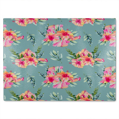 B&Q -  Pink Flowers Glass Chopping Board