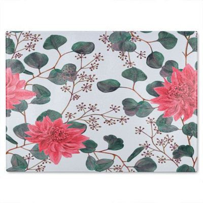 B&Q -  Red Flowers Green Leaves Glass Chopping Board