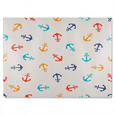 B&Q -  Multi Coloured Anchors Glass Chopping Board