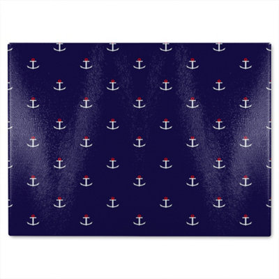 Benjamin Tate Design White/Red & Anchors On Navy Glass Chopping Board