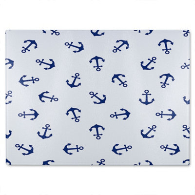 B&Q -  Navy Anchors On White Glass Chopping Board