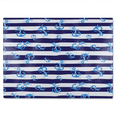 B&Q -  Blue Anchors On Navy Striped Glass Chopping Board