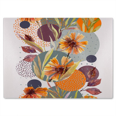 B&Q -  Orange Geometric With Flowers Glass Chopping Boarddesigner Style