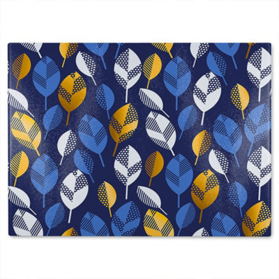B&Q -  White Blue & Gold Leaves On Navy Glass Chopping Boarddesigner Style