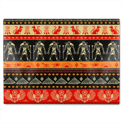 B&Q -  Egyptian Heiroglyphs In Orange & Black Glass Chopping Board