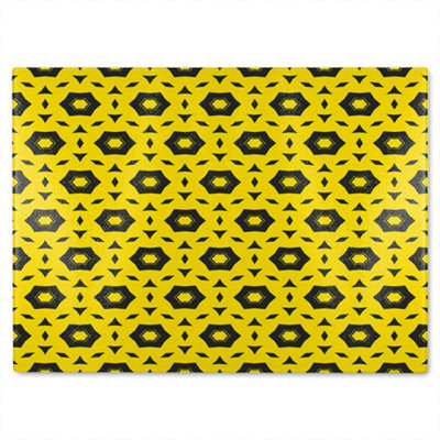 B&Q -  Yellow & Black Geometric Pattern Glass Chopping Board