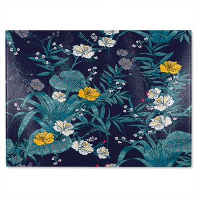B&Q -  Blue & Yellow Flowers Glass Chopping Boarddesigner Style