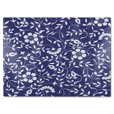 B&Q -  White Flowers On Navy Glass Chopping Board