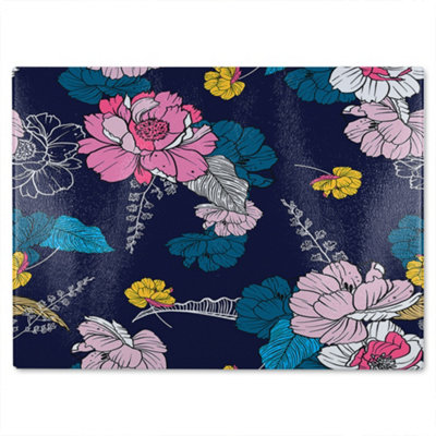 B&Q -  Pink Flowers On Navy Glass Chopping Boarddesigner Style