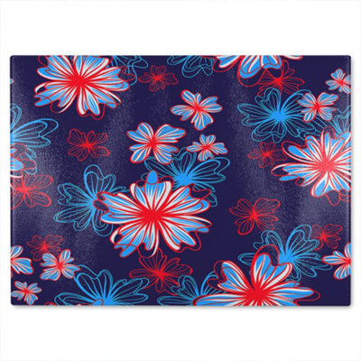 B&Q -  Red White & Blue Flower Print Glass Chopping Board