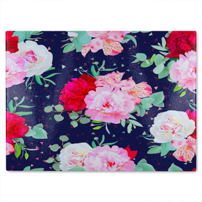 B&Q -  Roses On Navy Glass Chopping Board