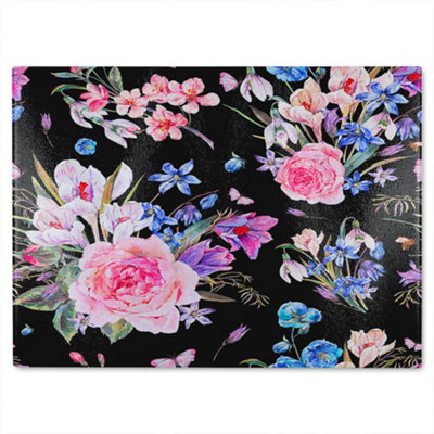 B&Q -  Bright Pink Flowers On Black Glass Chopping Boarddesigner Style