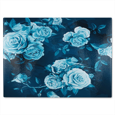 B&Q -  Winter Blue Roses Glass Chopping Board