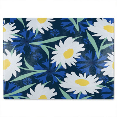 B&Q -  Daisies On Navy Glass Chopping Board