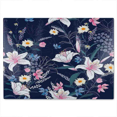 B&Q -  Tropical White & Pink Flowers Glass Chopping Boarddesigner Style