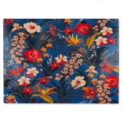 B&Q -  Bright Red & Orange Tropical Flowers & Plants Glass Chopping Board