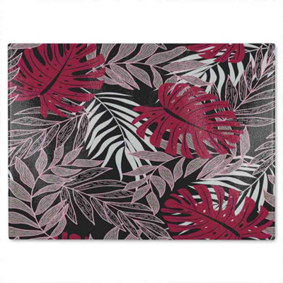 B&Q -  Tropical Leaves In Red White & Grey Glass Chopping Boarddesigner Style