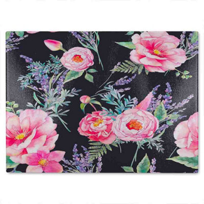 B&Q -  Watercolour Painting Of Flowers Glass Chopping Board