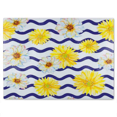 B&Q -  Bright Yellow Flowers & Zig Zags Glass Chopping Boarddesigner Style