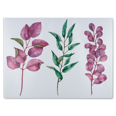 Benjamin Tate Design Purple/Green & Leaves Glass Chopping Board