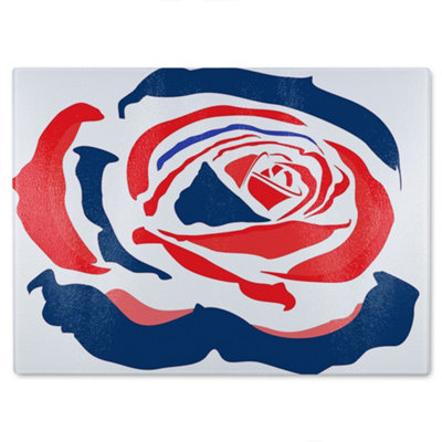 B&Q -  Red & Blue Rose Print Glass Chopping Board