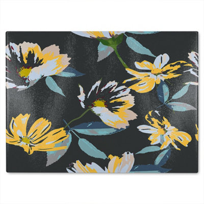 B&Q -  Yellow Flowers On Green Glass Chopping Board
