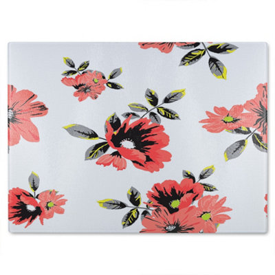 B&Q -  Pink Flowers Glass Chopping Board