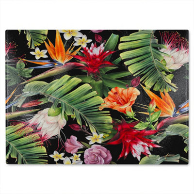 B&Q -  Tropical Flowers & Plant Leaves Glass Chopping Board