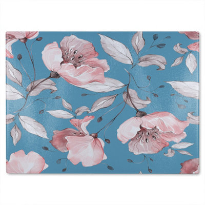 B&Q -  Pink Flowers On Blue Glass Chopping Boarddesigner Style