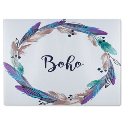 Benjamin Tate Design Boho Style Wreath Feathers Glass Chopping Board