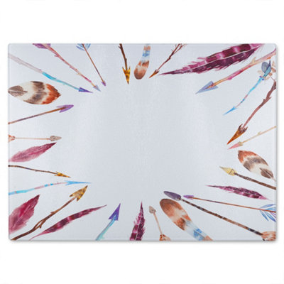 Benjamin Tate Design Watercolor Boho Chic With Feathers And Arrows Glass Chopping Boarddesigner Style Magenta