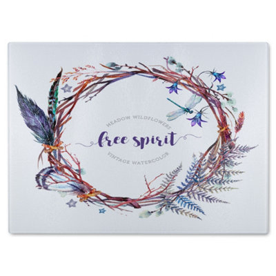 B&Q -  Watercolor Boho Wreath Glass Chopping Board
