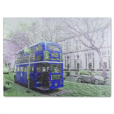 B&Q -  London Bus Behind Blue Glass Chopping Board