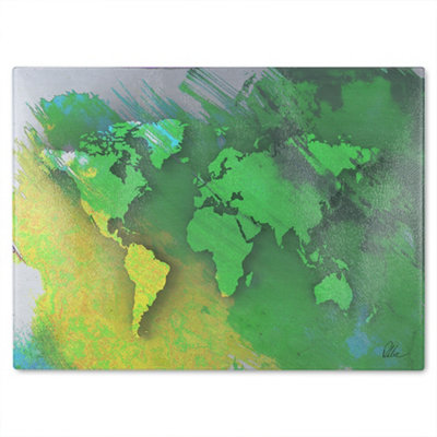 B&Q -  World Map Yellow And Green Glass Chopping Boarddesigner Style