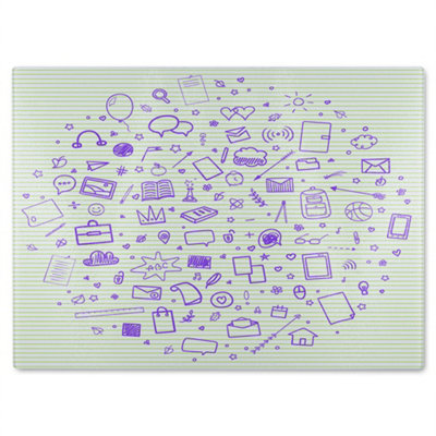B&Q -  Abstract Line Pattern With School Supplies Glass Chopping Board