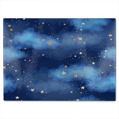 B&Q -  Dark Blue Sky With Gold Foil Constellations Glass Chopping Boarddesigner Style