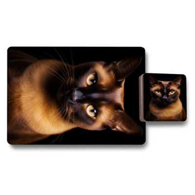B&Q -  Cat Themed Placemat And Coaster Set With Wood Bottom