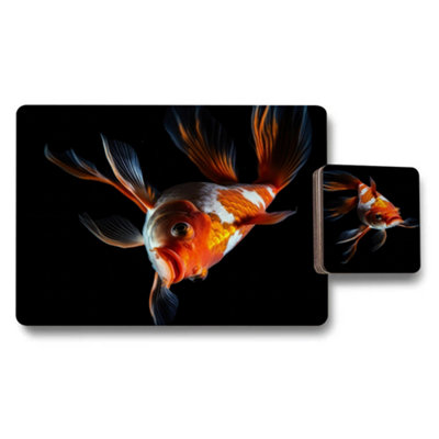 Benjamin Tate Design Koi Fish Placemats And Coasters Set 12 Pieces With Wood Bottom