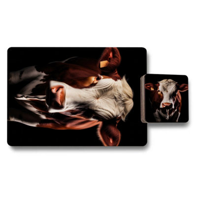 B&Q -  Cow Artwork Placemat And Coaster Set 11X8 Placemats And 3.7X3.7 Coasters