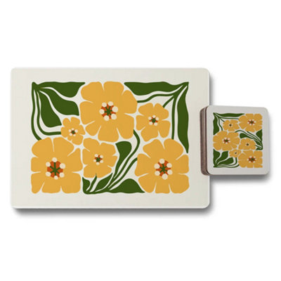B&Q -  Set Of 12 Floral Yellow Placemats And Coasters With Wood Bottom