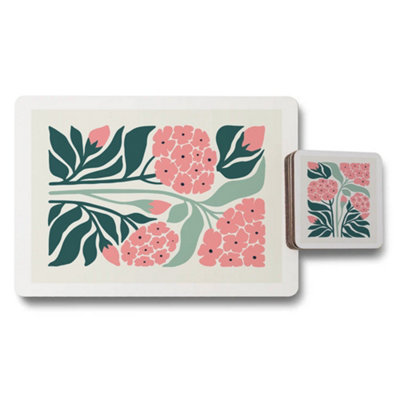B&Q -  Floral Pink Blossom Placemat And Coaster Set With Wood Bottom