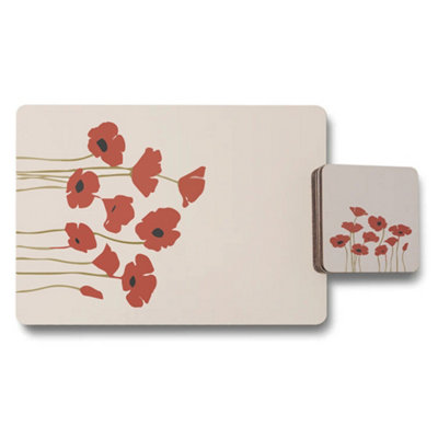 B&Q -  Set Of 12 Red Poppy Floral Placemats And Coasters With Wood Bottom