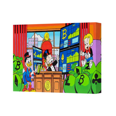 Benjamin Tate Design Vibrant Crypto Trading Scene Canvas Wall Art Print Bitcoin Ethereum Cartoon