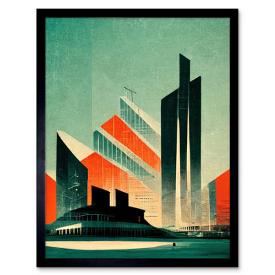 Artery8 Framed Wall Art Futuristic Abstract Architecture Cityscape Teal And Orange12X16 Inch from B&Q
